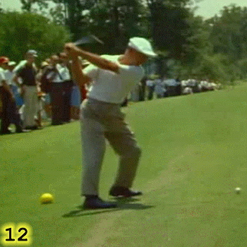 START OF SIDEWAYS PUSH: In Frame 12, Ben Hogan has started pushing sideways, toward the target, with his right leg. This is driving his body to the left and into his left leg. It’s important to note that this sideways push is happening before Ben Hogan has reached the top of his backswing. In Frame 12, Ben Hogan has also reached what I call the CHOFA, or CHin On Front Arm, position where his chin is touching his left deltoid. Given the sequencing of his swing, it may be that Hogan used the reaching of the CHOFA position as his cue to start his sideways push. In Frame 12, Hogan’s front knee has also reached its point of maximum flexion and his heel is roughly one inch off the ground.