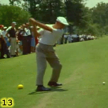 TOP OF BACKSWING: In Frame 13, Ben Hogan is at the top of his backswing and is still pushing sideways into his left leg. Notice that the shaft of his club is pretty much level to the ground and is pointing at the target. Hogan’s right foot is still largely on the ground, but his weight is more to the inside of his right foot than the outside of his right foot. Hogan’s left heel is still up and his left knee is still flexed.