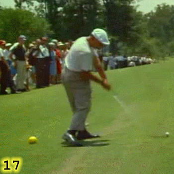 POINT OF CONTACT: In Frame 17, Ben Hogan is just about to reach the Point Of Contact. Notice how, rather than making the Power Triangle, Ben Hogan’s right arm is still bent, with his right elbow still at his right hip as he continues to power his swing with his hips and not his arms.