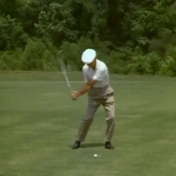POINT OF CONTACT: In Frame 104, Ben Hogan is at the Point Of Contact. Note how, rather than making the Power Triangle, while Ben Hogan’s front arm is straight, his back arm is bent, with his right elbow at his right hip.