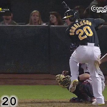 Frame 20: As his front foot drops and his strides into the ball, Josh Donaldson’s hands go up and back. Some would call this a hitch. In truth, it’s an essential part of Josh Donaldson’s Loading process. If he were to eliminate this movement, his swing would be less efficient and less powerful.