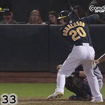 Frame 33: While his front knee extends a bit as he comes out of the top of his leg lift, Josh Donaldson's front knee stops extending in Frame 33. This is important because it enables him to land with his front knee flexed, not straight. That in turn enables him to finish the Rotation of his hips.