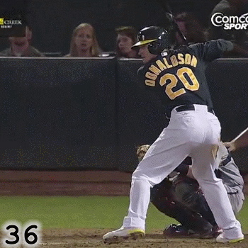 Frame 36: While Josh Donaldson’s hips are opening up, if you watch the letters on the back of his jersey, you can see that his shoulders still have not start rotating yet.