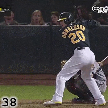 Frame 38: If you watch Josh Donaldson’s back foot closely, you can see evidence of what is referred to as The Move. However, because he does a good job of planting and stabilizing his back foot, there is just a hint of this.