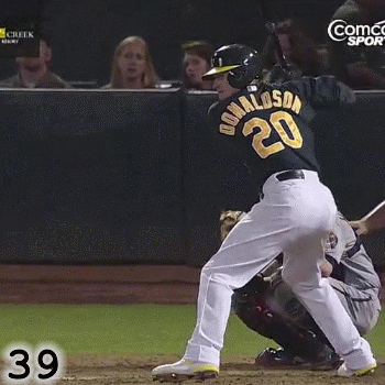 Frame 39: Six frames after his hips started rotating, Josh Donaldson's shoulders have finally started rotating. By loading his hands and his right scap, and holding his shoulders back while his hips start rotating, Josh Donaldson dramatically increases the efficiency of his swing.