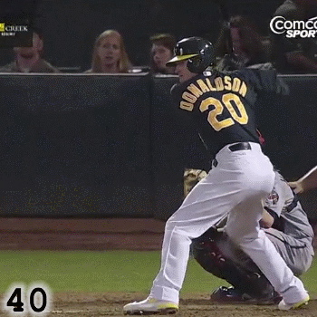 Frame 40: As his front foot plants, Josh Donaldson is still pointing the knob of the bat at the catcher. While some would worry that this puts him in a problematic position of Bat Wrap, in truth this is part of how he loads.
