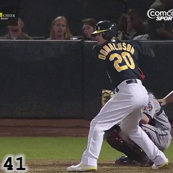 Frame 41: Josh Donaldson's front knee is bent when his front foot lands. This enables him to finish the Rotation of his swing. I would argue that one of Brett Wallace's problems is that he lands with his front knee almost straight, which keeps him from being able to finish his Rotation.