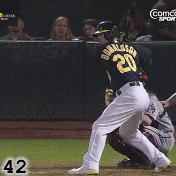 Frame 42: Josh Donaldson's front foot is fully planted. Notice how he does what Matt Holliday does until his front foot is planted.