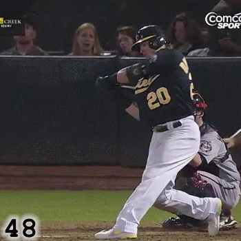 Frame 48: Rather than keeping his front elbow and his front arm down, Josh Donaldson’s front elbow has instead risen up into  a position of Alignment. The knob has also moved up in this frame, causing the barrel to fall below the ball and his hands, creating a Slight Uppercut.