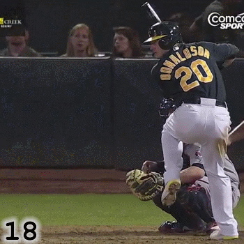 Frame 18: As his front foot drops and his strides into the ball, Josh Donaldson’s hands go up and back. Some would call this a hitch but, in truth, it’s an essential part of how Josh Donaldson loads. If he were to eliminate this ‘hitch,’ his swing would be much less efficient and less powerful.