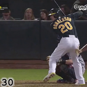 Frame 30: As he strides forward toward the pitcher, Josh Donaldson does so while still keeping his hips closed.