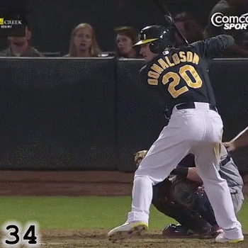 Frame 34: Josh Donaldson's hips are finally starting to rotate open. At the same time, his back knee is start to come around and the heel of his back foot is just starting to lift off the ground. This is important because there are people who teach that the hips need to stay closed into contact. That is clearly not true in the case of Josh Donaldson.