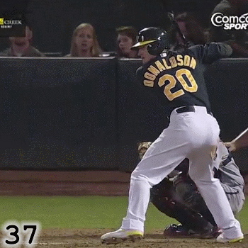 Frame 37: Up until this frame, Josh Donaldson has kept his front shoulder closed. In this frame, you see the first hint of movement as his front shoulder starts to react to the Rotation of his hips underneath them. However, this first movement of his front shoulder is more up than back, suggesting that he employs a Resisting Movement to keep his shoulders closed.