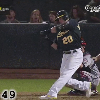 Frame 49: Josh Donaldson is in the process of Stopping the Knob, which is causing the barrel to rapidly Whip around his hands.
