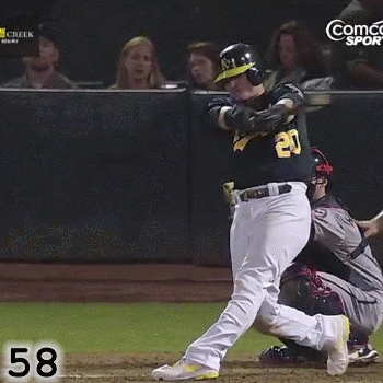 Frame 58: Only now, seven frames after the Point Of Contact, has Josh Donaldson reached full extension.